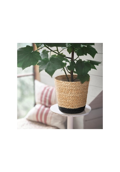 Rattan Saksı, Bej-siyah, 15 Cm, İç Mekan