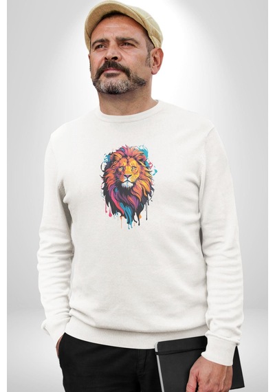 Renkli Yağlı Boya Aslan Unisex Beyaz Baskılı Sweatshirt Beyaz