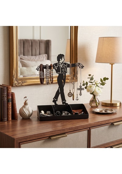 Mens Jewelry Stand & Organizer Flamenco Dancer Valet Tray For Cufflinks, Rings, Watches Black Metal Desk Accessory Gift For Hi Siyah