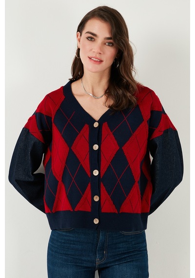 Lela Desenli Regular Fit Düğmeli V Yaka Crop Bayan Hırka 4615553 Lacivert-Kırmızı