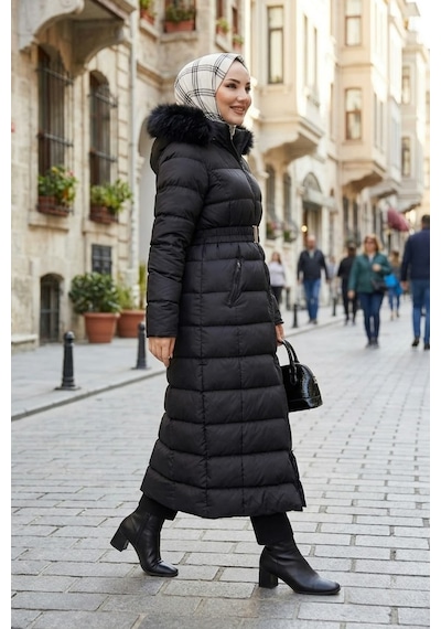 Hb Harma Time Butik Kadın Kapüşonlu Kemerli Uzun Şişme Siyah Mont