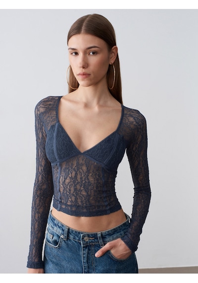 Dilvin 32625 Dantel Şerit Detaylı Top-indigo İndigo