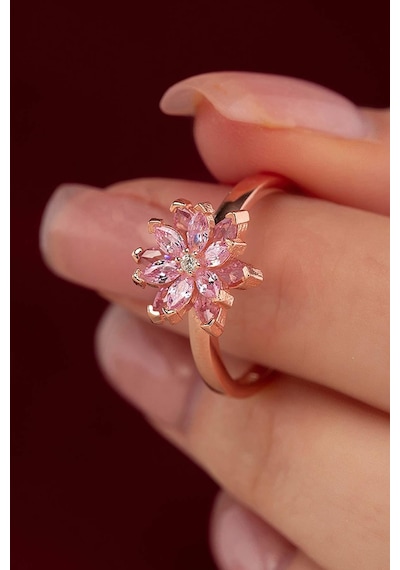 Gümüş Pazarım Pembe Renkli Lotus Çiçeği Gümüş Yüzük Altın - Gümüş
