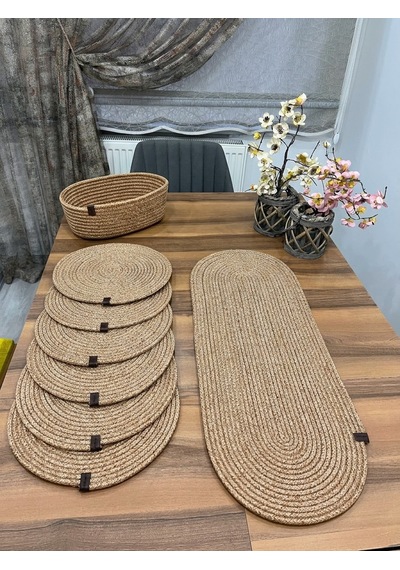 Senza Atelier Lüks 8 Parça Jüt Masa Sunum Seti Oval Runner, 6 Lı Supla Ve Sunum Sepeti Takımı Hasır