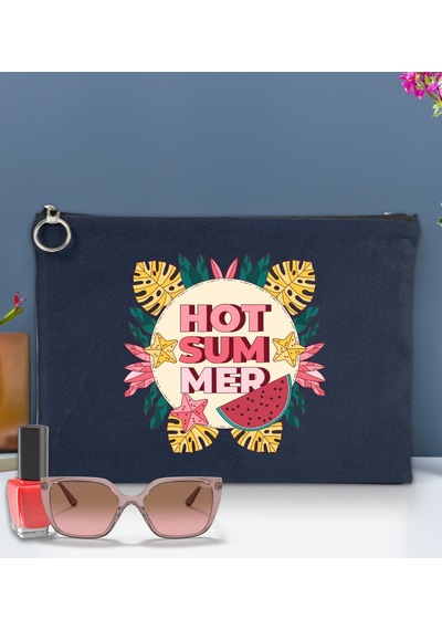 Bk Gift Yaz Temalı-8 Astarlı Lacivert Portföy Çanta 30x21cm, Baskılı El Çantası, Organizer Çanta