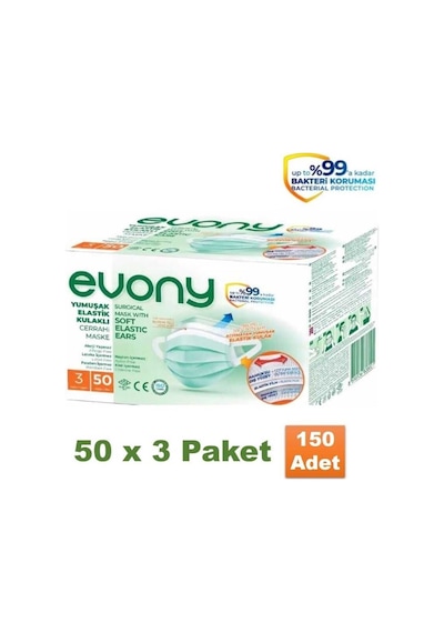Evony Yumuşak Elastik Kulaklı Cerrahi Maske 150 Adet 50 X 3