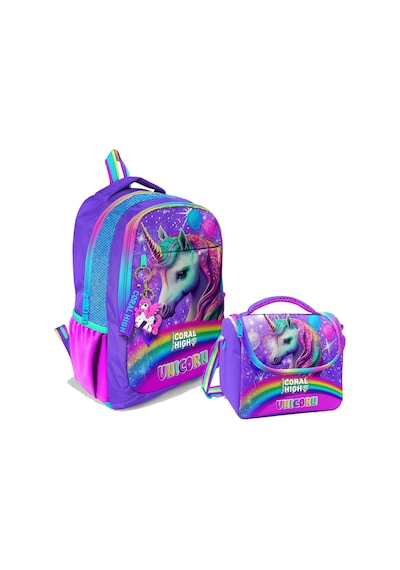 Coral High Kız Çocuk Üç Gözlü İlkokul ve Ortaokul Sırt Çantası+beslenme - Mor Simli Unicorn