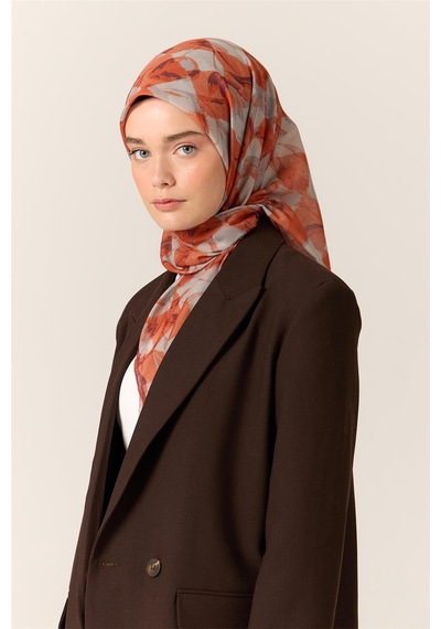 Silk Home İnce Pamuk Soft Eşarp Turuncu-mürdüm Desenli Kaymaz Dokulu Tok Duruşlu 90x90 Çok Renkli