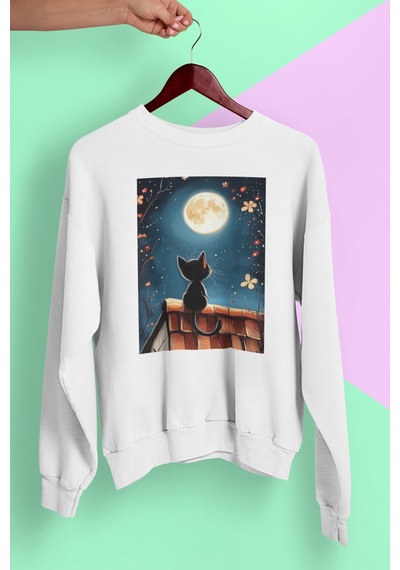 Magors Stıl-x Sevimli Kediler Baskılı Unısex Bisiklet Yaka Oversize Sweatshırt Beyaz-3