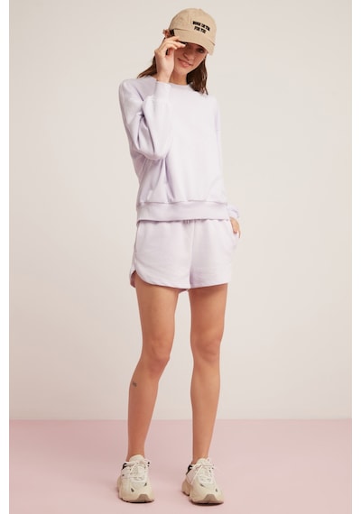 Ethıquet Sahra Kadın Pamuklu Içi Polarlı Yumuşacık Oversize Yuvarlak Yaka Basıc Lila Sweatshirt