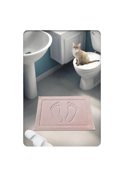 %100 Pamuk Dokuma Su Emici Banyo Paspası Ayak Desen 60x40 Cm Pudra Diğer