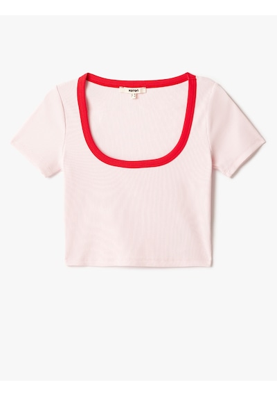Koton Pamuklu Slim Fit Kontrast Detaylı Kısa Kollu U Yaka Fitilli Crop Tişört Pembe 5sak50342ek Gül