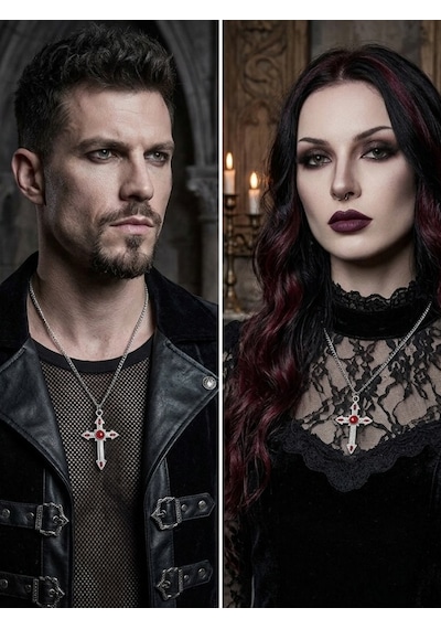Unisex Gotik Haç Kolye Kırmızı Gri Gümüş Vintage Cross Kolye, Retro Zincir Kolye, Kadın Erkek Punk Kolye Çok Renkli