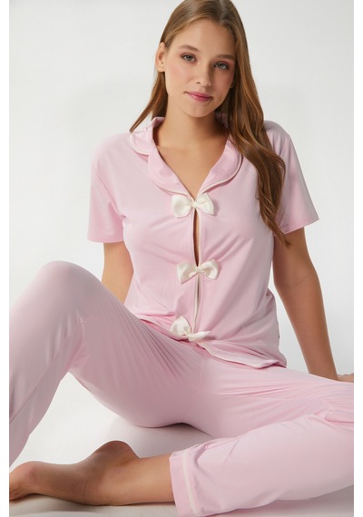 Ritnice Kadın Julia Pembe Fiyonklu Alt Üst Pijama Takımı Pembe