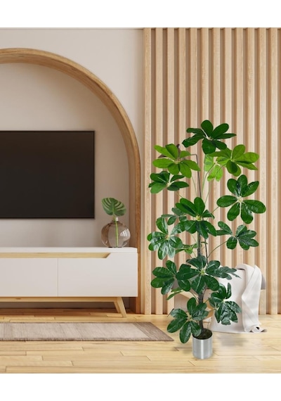 Yapay Ağaç Şeflera 18 Dallı Çalılı Gövde 120x60cm Gümüş Aleminyum Saksıda