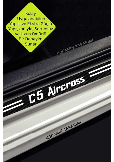Citroen C5 Aircross Dekoratif Karbon Kapı Koruma Eşiği Siyah Üzeri Beyaz Citroen C5 Aircross Yazılı 4'lü Set