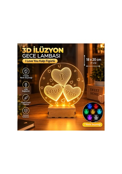 Şeffaf İlizyon Led Gece Lambası I Love You Kalp Görseli 18x20 Cm