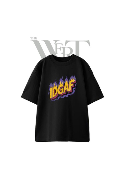 Thewert Idgaf Fire Tasarım Baskılı Ünisex Siyah Oversize T-shirt