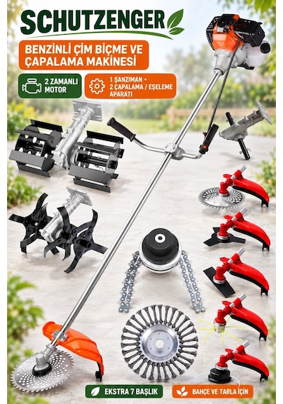 Schutzenger HX-50 Benzinli Çapalama Ve Eşeleme Başlıklı Çim Kesme Motoru 2 Çapalama 7 Başlıklı Full Bahçe Seti 52CC
