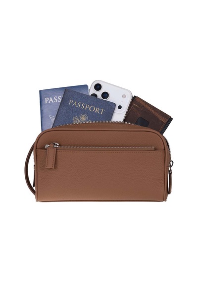 Bloominbag Mıren Cognac Tan Hakiki Deri Unisex Seyahat Bakım & Organizer Clutch Çanta Taba