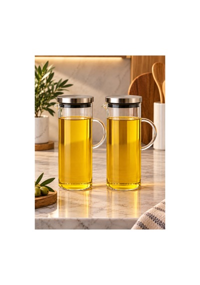 2 Li Metal Vakumlu Kapaklı 1500 Ml Cam Yağdanlık Yağlık Set Gri Gri