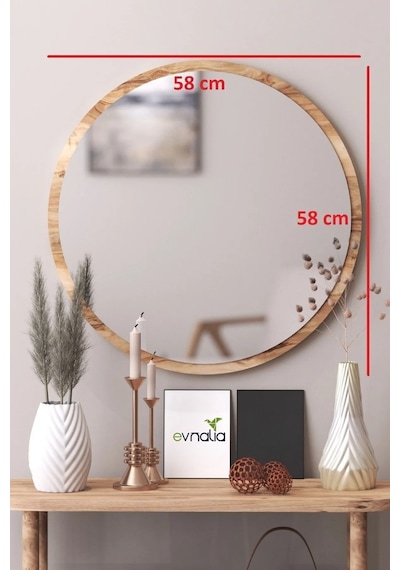 Dekoratik Yuvarlak Ayna 60 Cm Çap Antre Hol Koridor Duvar Salon Mutfak Banyo Ofis Makyaj Aynası - Ceviz Ceviz