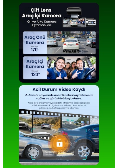 Harvox 2 Kameralı Wi-fi Özellikli Full Hd Araç Kamerası 1080p Gece Görüş, G-sensor Dashcam