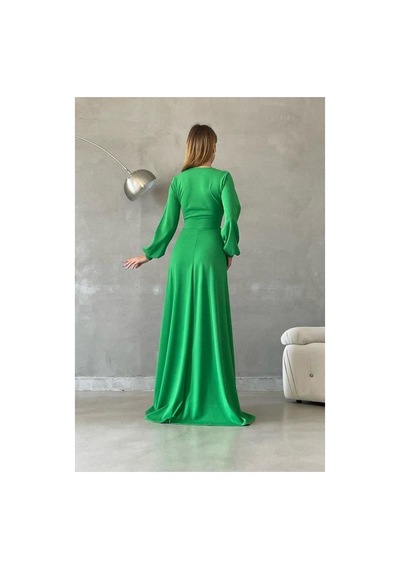 Lior Design Kadın Vintage V Yaka Yırtmaçlı Maxi Uzun Kollu Abiye Elbise Yeşil