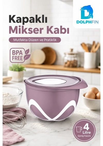 4 Litre Kapaklı Mikser Kabı Bpa İçermez Sıçratma Önleyici Hamur Yoğurma Kabı Mor
