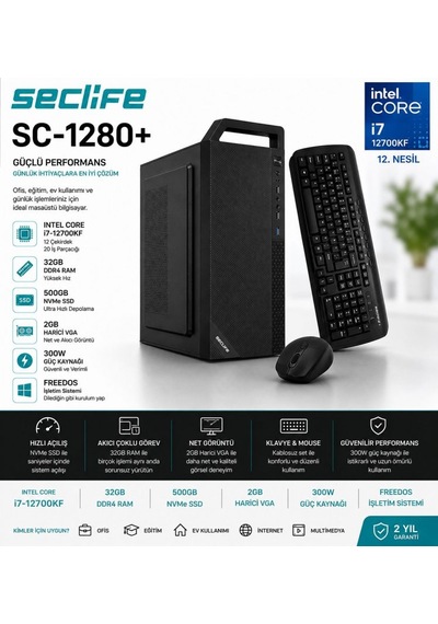 Seclife SC-1280+ İ7-12700KF 32 GB 500 GB 2 GB Dos Masaüstü Oyuncu Bilgisayarı