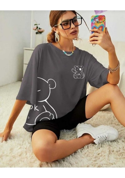 Kozia Outdoors Malkoçbey Korsan Ayı Baskılı Oversize Unisex Basic T-sihirt Füme
