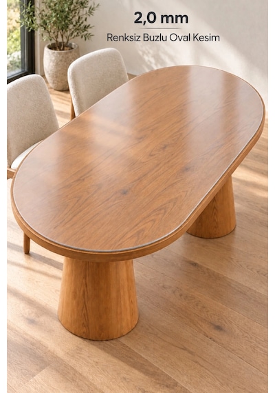 İzen 2,0 Mm Renksiz Buzlu Oval Pvc Masa Örtüsü Düz Kenarlı Yarım Daireli 80 X 130 Cm Şeffaf