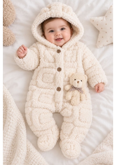 Kız Erkek Bebek Tavşan Ve Ayı Oyuncaklı Peluş Tulum Tlm0301 ekru