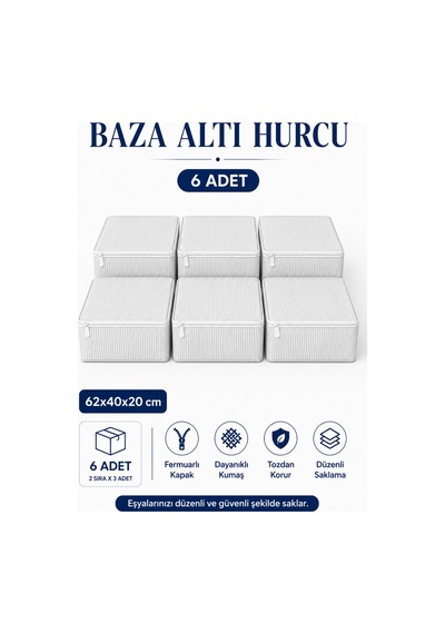 Hurç Seti Fermuarlı Çizgili Baza Altı Hurcu Yorgan Battaniye Kıyafet Saklama Organizeri 6'lı Gri