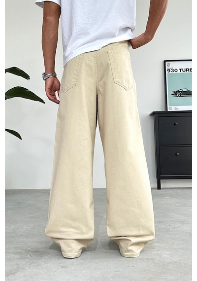 Bej Basic Gabardin Ekstra Bol Baggy Pantolon Bej