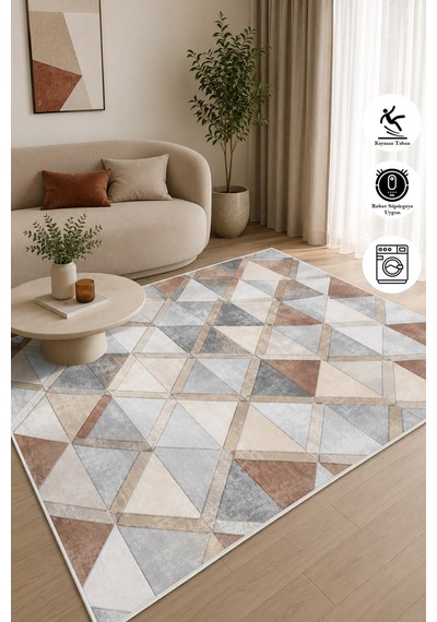 Geometrik Desen Dijital Baskılı Dekoratif Kaymaz Taban Yıkanabilir Halı Salon Oturma Odası Halısı Yolluk Kahverengi