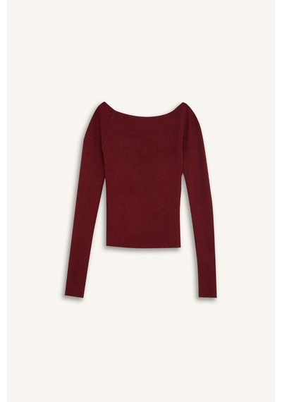 Defacto Fitted Açık Omuz Basic Düz Bordo Triko Kazak E0314AX24WNBR115 Bordo