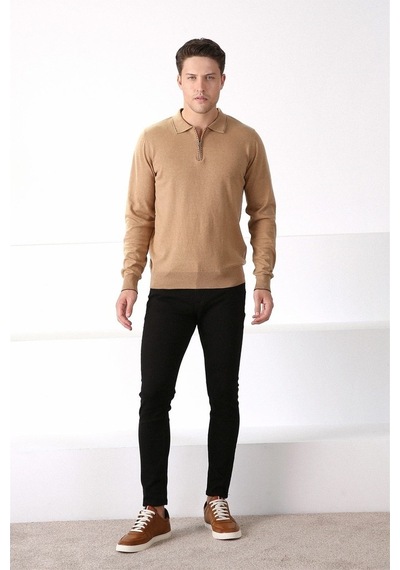 Ferraro Camel Polo Yaka Fermuarlı Erkek Pamuk Kazak Camel