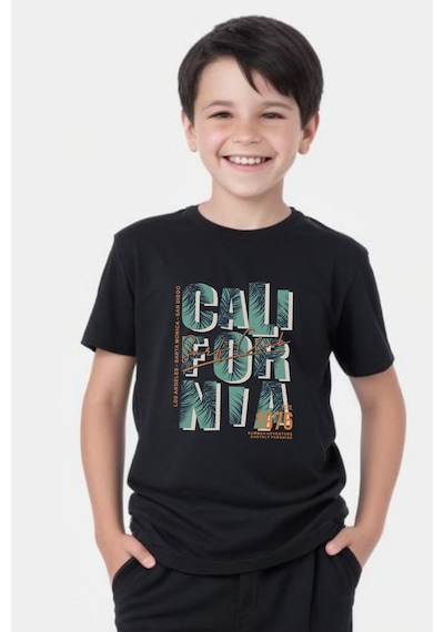 Panios Kids 1976 Cali Baskılı Erkek Çocuk Yuvarlak Yaka Kısa Kollu T-shirt Siyah