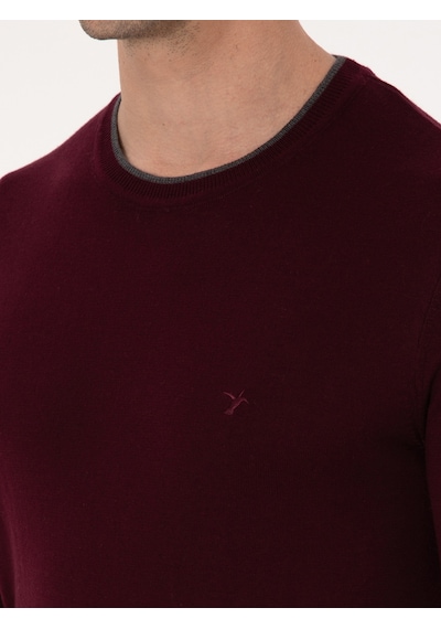 Cacharel Bordo Slim Fit Pamuk Karışımlı Bisiklet Yaka Triko Kazak Kırmızı