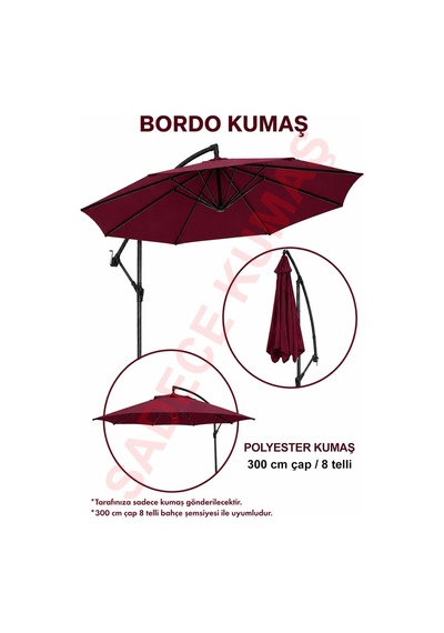 Bordo Polyester Kumaş 300 Cm / 8 Telli Makaralı Şemsiye İle Uyumlu
