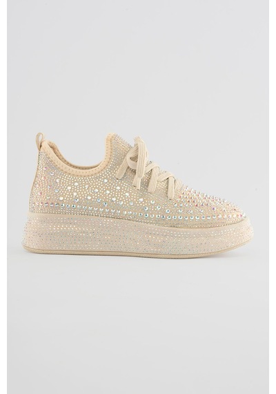 Mubiano Kadın Sneaker Taş Detaylı Kalın Tabanlı Diamond Bej Bej