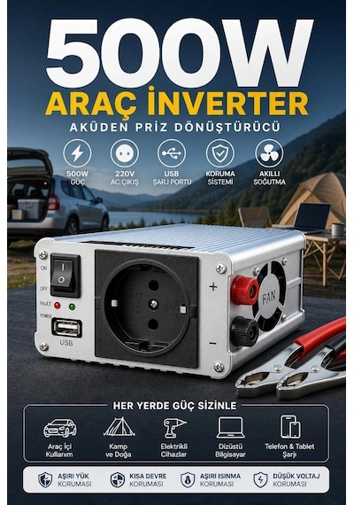 500w 12v Akü İnverteri 220v Ac Çıkışlı Usb Portlu Fanlı Güç Dönüştürücü Araç Karavan Kullanımı