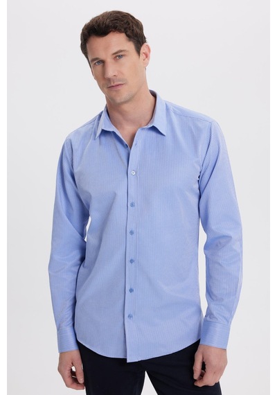 Tudors Modern Slim Fit Uzun Kollu Pamuklu Kolay Ütü Armürlü Saks Mavi Erkek Gömlek-41847 Saks