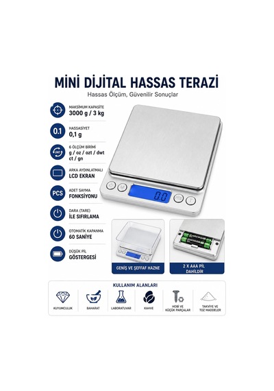 Dijital Hassas Mutfak Tartısı 3000 G Kapasiteli, 0,1 G Hassasiyetli, Lcd Ekranlı Mini Terazi, 6 Ölçüm Birimi, Dara Ve Pcs Adet Sayma Fonksiyonlu, Paslanmaz Çelik Çok Renkli