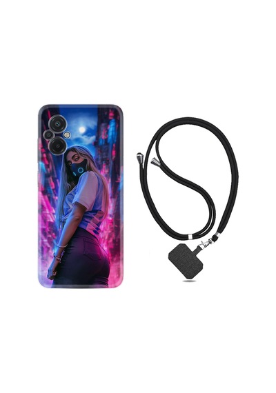 Xiaomi Poco M5 Kılıf İpli Boyun Askılı Desenli Silikon Mask Girl 1659