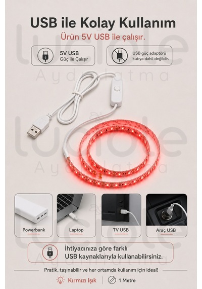 1 Metre 5v Usb Kırmızı Şerit Led Aç Kapa Anahtarlı Tv Masa Araç Dekoratif Led Işık