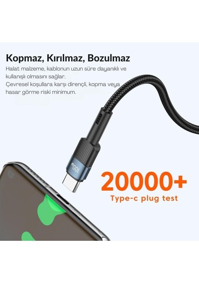 3 Metre Qc4.0 Pd 100w Type C To Type C Şarj Kablosu 480mbps Veri Aktarım Şarj Akım Korumalı Standart