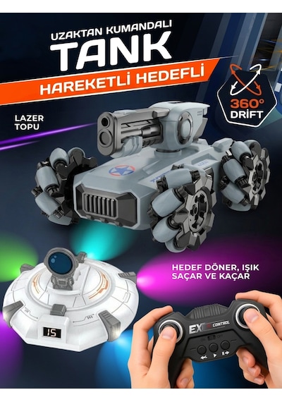 Şarjlı Uzaktan Kumandalı Işıklı Atış Hedefli Ufo Avcısı Akrobatik Dublör Tank Araba Full Fonksiyon Gri