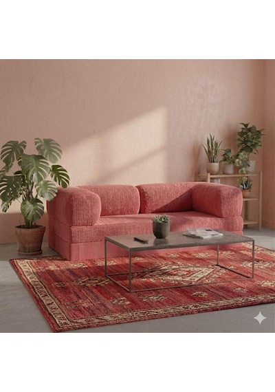 Herev 160x80 Sünger Koltuk İki Kişilik Kanepe Yataklı Yıkanabilir Kadife Kumaşlı Pembe